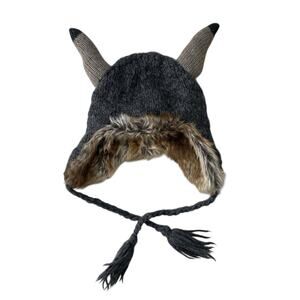 Rare Y2K American Eagle Trapper Hat with Viking Horns Knit Wool Faux Fur